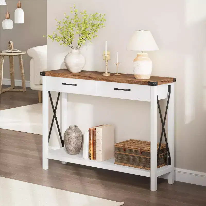 COZONY Tavolo Console da Fattoria da 109 cm con 2 Cassetti e Ripiano Portaoggetti a 2 Livelli, Tavolo Stretto in Legno per Ingresso e Divano, per Corridoio e Soggiorno