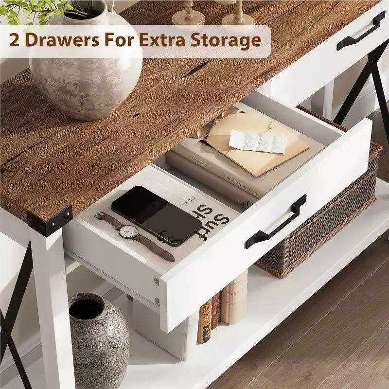 COZONY Tavolo Console da Fattoria da 109 cm con 2 Cassetti e Ripiano Portaoggetti a 2 Livelli, Tavolo Stretto in Legno per Ingresso e Divano, per Corridoio e Soggiorno