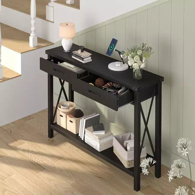 COZONY Tavolo Console da Fattoria da 109 cm con 2 Cassetti e Ripiano Portaoggetti a 2 Livelli, Tavolo Stretto in Legno per Ingresso e Divano, per Corridoio e Soggiorno