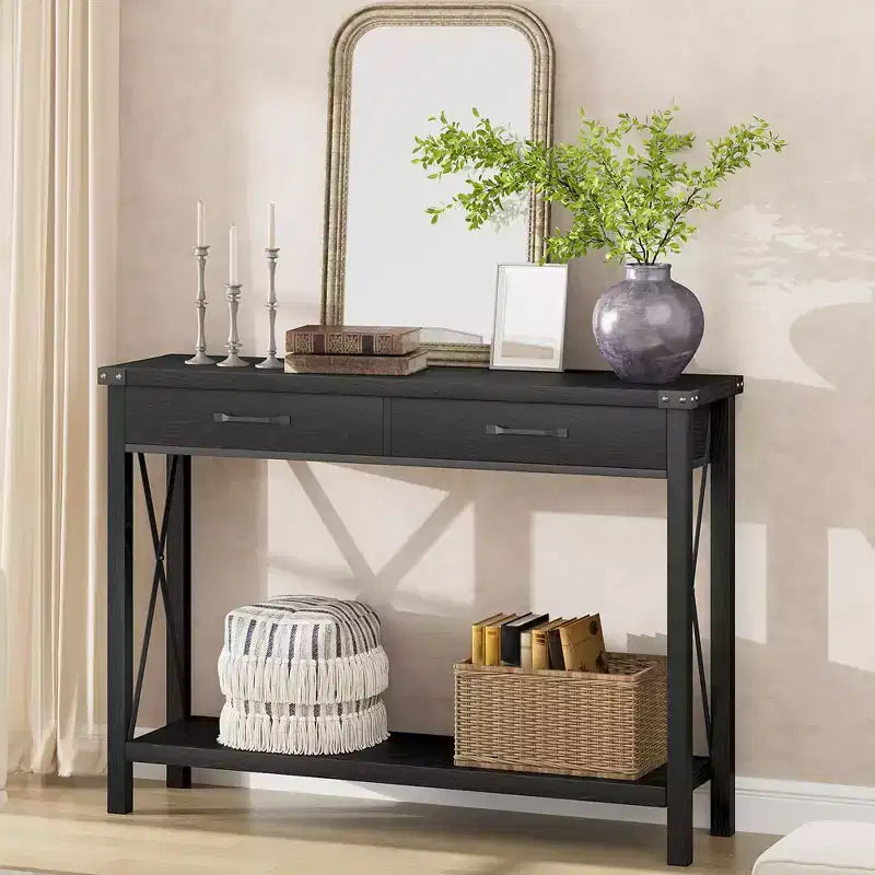 COZONY Tavolo Console da Fattoria da 109 cm con 2 Cassetti e Ripiano Portaoggetti a 2 Livelli, Tavolo Stretto in Legno per Ingresso e Divano, per Corridoio e Soggiorno