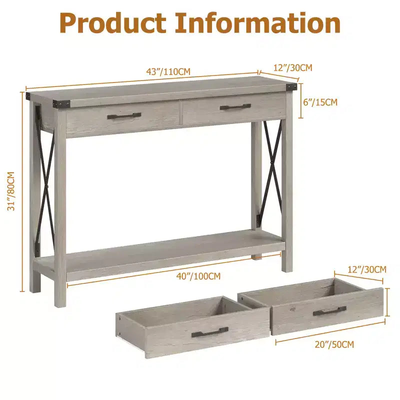 COZONY Tavolo Console da Fattoria da 109 cm con 2 Cassetti e Ripiano Portaoggetti a 2 Livelli, Tavolo Stretto in Legno per Ingresso e Divano, per Corridoio e Soggiorno