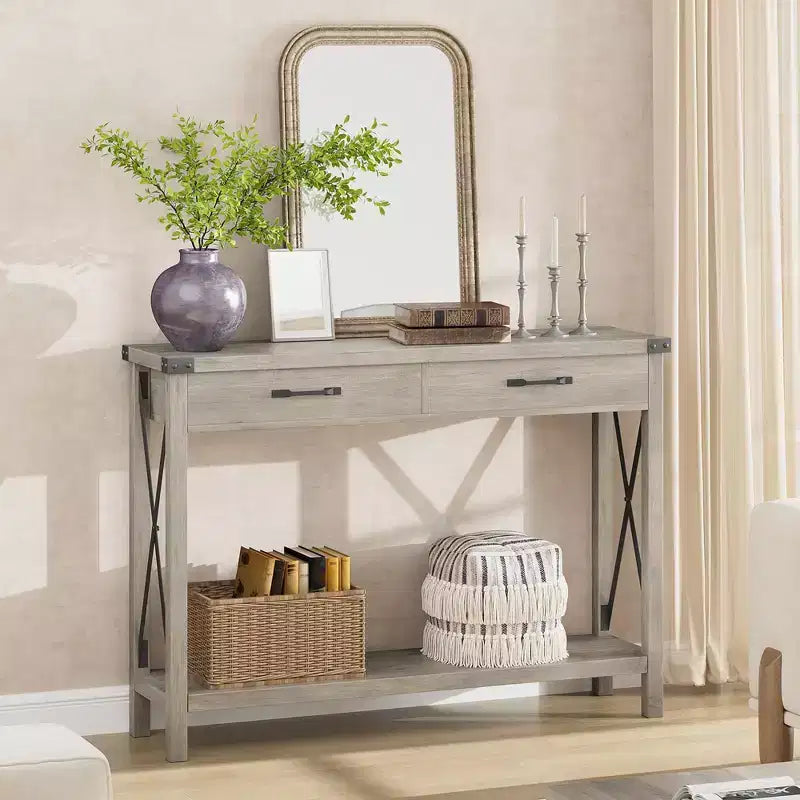 COZONY Tavolo Console da Fattoria da 109 cm con 2 Cassetti e Ripiano Portaoggetti a 2 Livelli, Tavolo Stretto in Legno per Ingresso e Divano, per Corridoio e Soggiorno