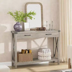 COZONY Tavolo Console da Fattoria da 109 cm con 2 Cassetti e Ripiano Portaoggetti a 2 Livelli, Tavolo Stretto in Legno per Ingresso e Divano, per Corridoio e Soggiorno