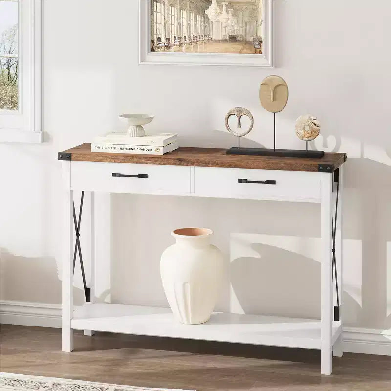 COZONY Tavolo Console da Fattoria da 109 cm con 2 Cassetti e Ripiano Portaoggetti a 2 Livelli, Tavolo Stretto in Legno per Ingresso e Divano, per Corridoio e Soggiorno