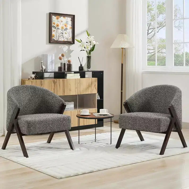 Poltrona Mid-Century Modern con Rivestimento in Bouclé, Sedia Lounge a Basso Profilo per Soggiorno, Camera da Letto, Comoda Poltrona da Lettura con Struttura in Legno