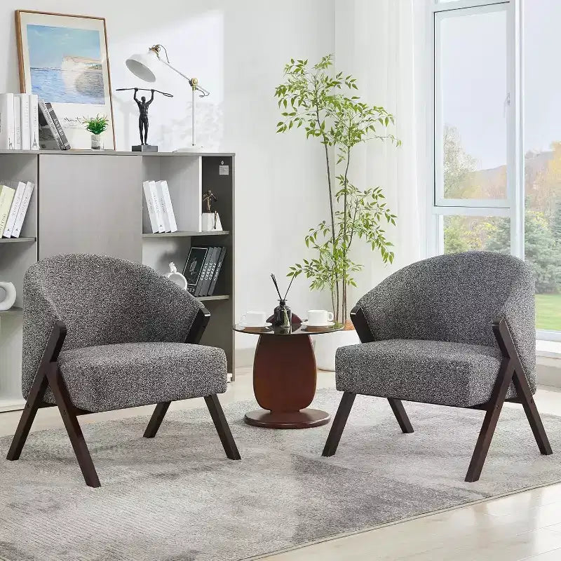 Poltrona Mid-Century Modern con Rivestimento in Bouclé, Sedia Lounge a Basso Profilo per Soggiorno, Camera da Letto, Comoda Poltrona da Lettura con Struttura in Legno