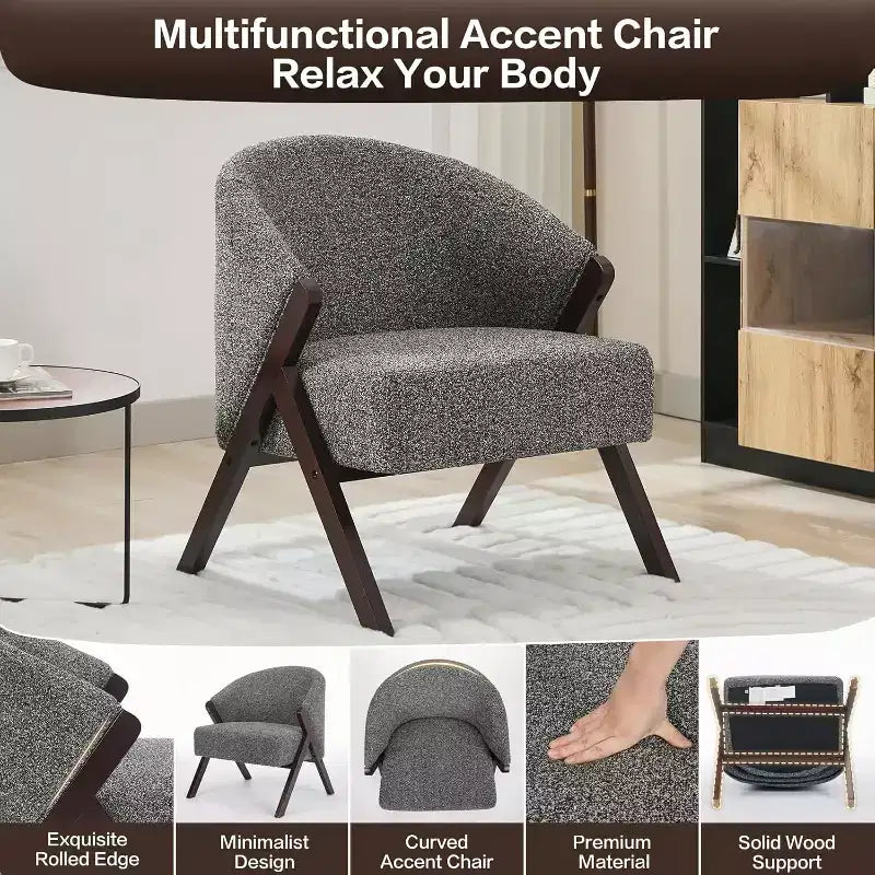 Poltrona Mid-Century Modern con Rivestimento in Bouclé, Sedia Lounge a Basso Profilo per Soggiorno, Camera da Letto, Comoda Poltrona da Lettura con Struttura in Legno