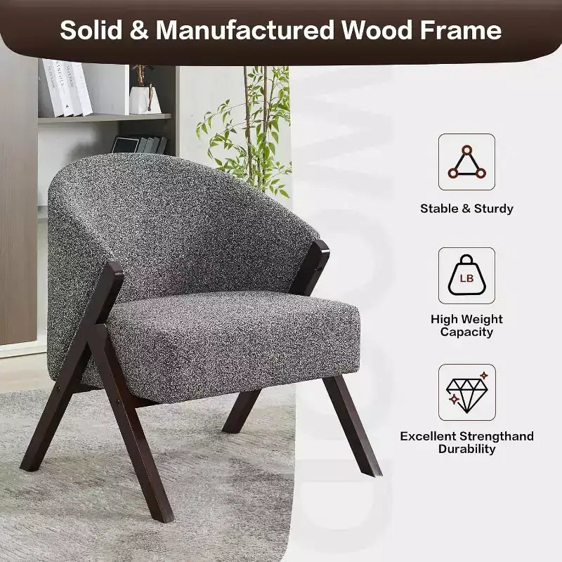 Poltrona Mid-Century Modern con Rivestimento in Bouclé, Sedia Lounge a Basso Profilo per Soggiorno, Camera da Letto, Comoda Poltrona da Lettura con Struttura in Legno