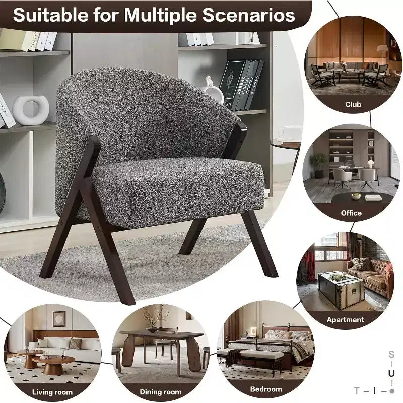 Poltrona Mid-Century Modern con Rivestimento in Bouclé, Sedia Lounge a Basso Profilo per Soggiorno, Camera da Letto, Comoda Poltrona da Lettura con Struttura in Legno