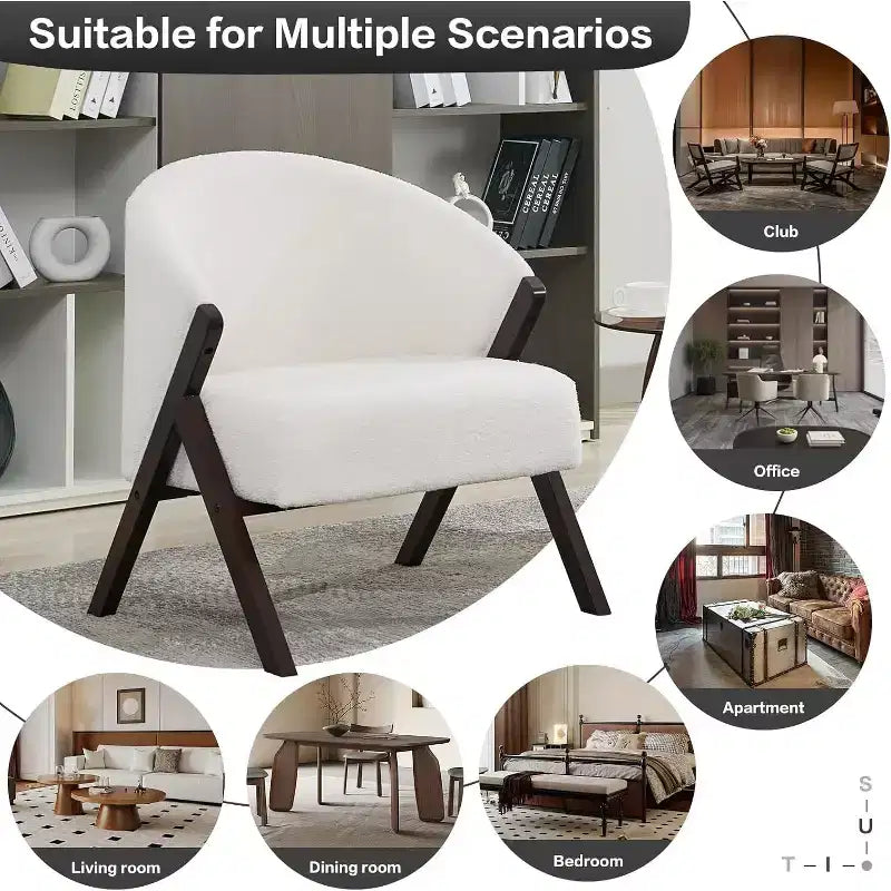 Poltrona Mid-Century Modern con Rivestimento in Bouclé, Sedia Lounge a Basso Profilo per Soggiorno, Camera da Letto, Comoda Poltrona da Lettura con Struttura in Legno