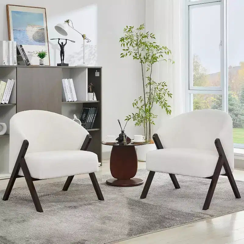 Poltrona Mid-Century Modern con Rivestimento in Bouclé, Sedia Lounge a Basso Profilo per Soggiorno, Camera da Letto, Comoda Poltrona da Lettura con Struttura in Legno