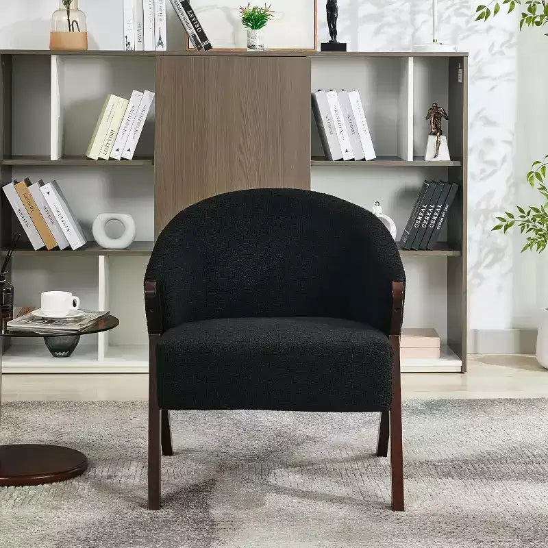 Poltrona Mid-Century Modern con Rivestimento in Bouclé, Sedia Lounge a Basso Profilo per Soggiorno, Camera da Letto, Comoda Poltrona da Lettura con Struttura in Legno