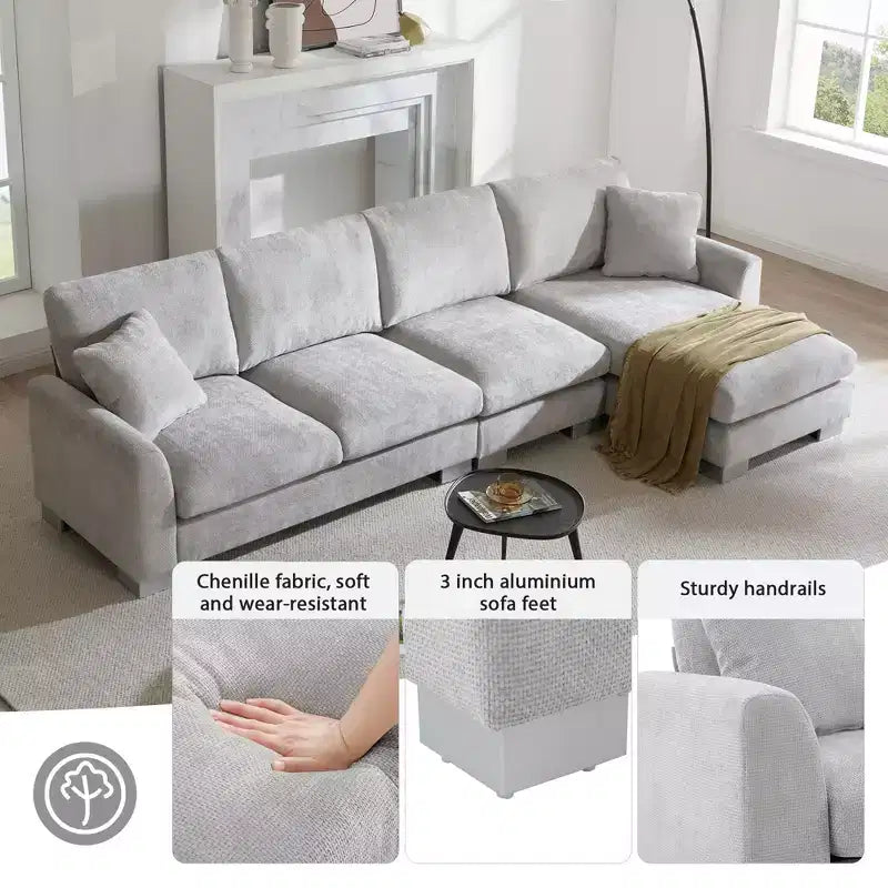 Set Divano Sezionale Modulare Trasformabile a 4 Posti, Divano ad Angolo con Funzione Letto Imbottito, Divanetto a Seduta Profonda con Pouf per Soggiorno, Ufficio, Appartamento