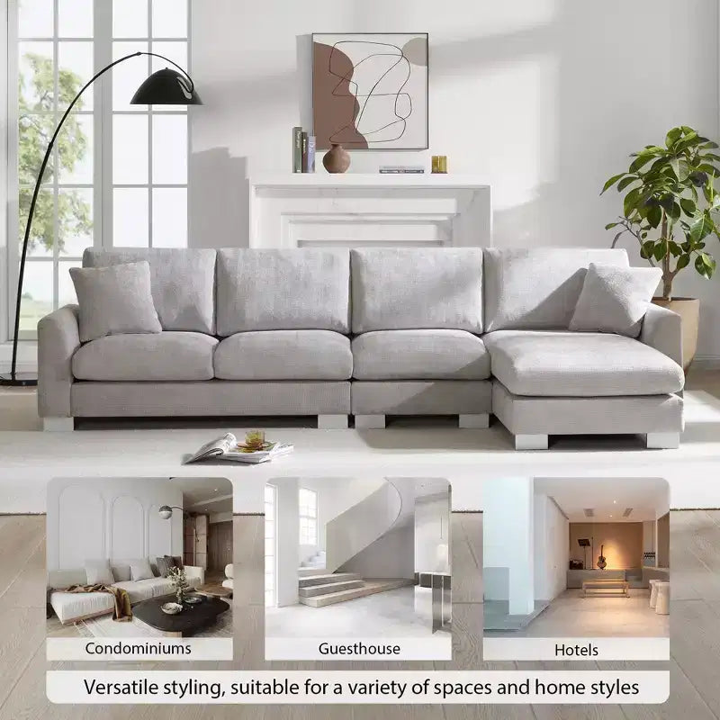 Set Divano Sezionale Modulare Trasformabile a 4 Posti, Divano ad Angolo con Funzione Letto Imbottito, Divanetto a Seduta Profonda con Pouf per Soggiorno, Ufficio, Appartamento