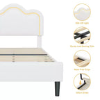 Struttura letto imbottita singola con testiera a montagna regolabile, base letto a piattaforma per bambini con supporto a doghe in legno e luce LED RGB