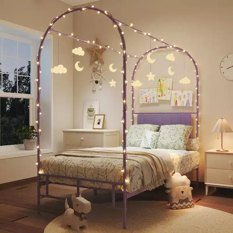Struttura letto a baldacchino con testiera imbottita, letto a piattaforma decorativo con parte superiore ad arco, spazio di archiviazione sotto il letto, nessuna rete a molle necessaria