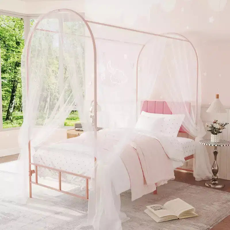 Struttura letto a baldacchino con testiera imbottita, letto a piattaforma decorativo con parte superiore ad arco, spazio di archiviazione sotto il letto, nessuna rete a molle necessaria
