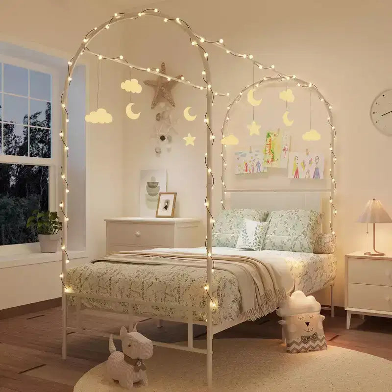 Struttura letto a baldacchino con testiera imbottita, letto a piattaforma decorativo con parte superiore ad arco, spazio di archiviazione sotto il letto, nessuna rete a molle necessaria
