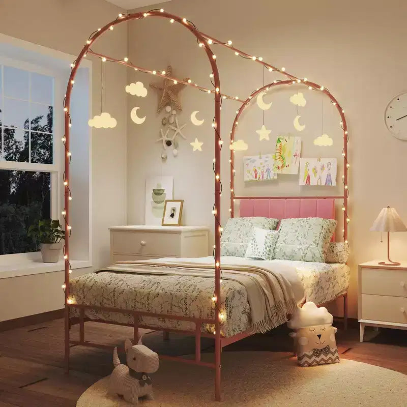 Struttura letto a baldacchino con testiera imbottita, letto a piattaforma decorativo con parte superiore ad arco, spazio di archiviazione sotto il letto, nessuna rete a molle necessaria