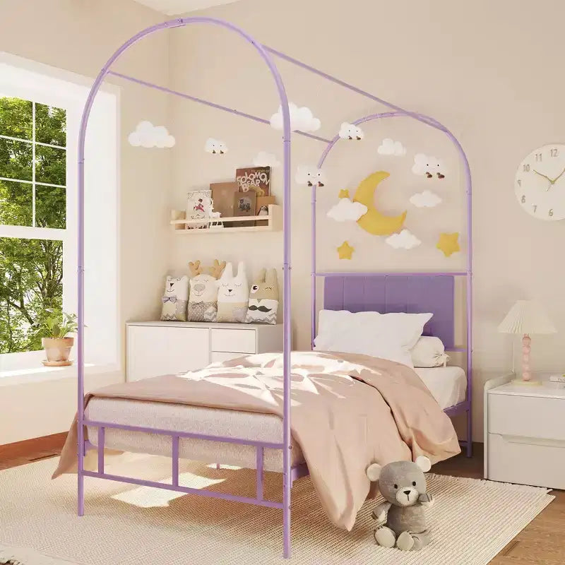 Struttura letto a baldacchino con testiera imbottita, letto a piattaforma decorativo con parte superiore ad arco, spazio di archiviazione sotto il letto, nessuna rete a molle necessaria