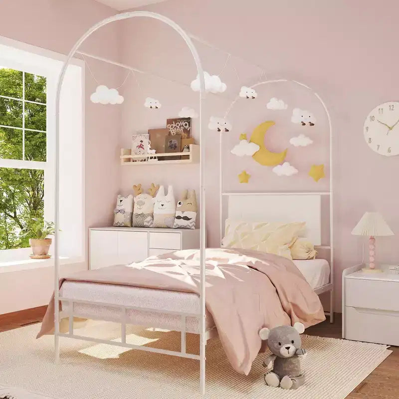 Struttura letto a baldacchino con testiera imbottita, letto a piattaforma decorativo con parte superiore ad arco, spazio di archiviazione sotto il letto, nessuna rete a molle necessaria