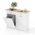 20 Gallons Tilt Out Trash Cabinet, 2 Door Wood Garbage Recycling Cabinet with Drawer, Freestanding Pet Proof Trash Bin for Kitchen Living Room