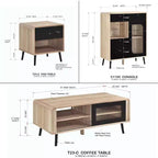 Kings Brand Furniture Nathan Set Soggiorno 3 Pezzi con Credenza, Tavolino da Caffè e Tavolino Laterale, Contenitore Moderno, Finitura Rovere/Nero