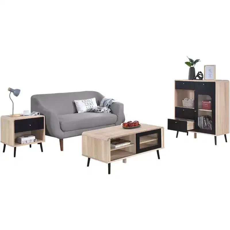 Kings Brand Furniture Nathan Set Soggiorno 3 Pezzi con Credenza, Tavolino da Caffè e Tavolino Laterale, Contenitore Moderno, Finitura Rovere/Nero