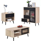 Kings Brand Furniture Nathan Set Soggiorno 3 Pezzi con Credenza, Tavolino da Caffè e Tavolino Laterale, Contenitore Moderno, Finitura Rovere/Nero