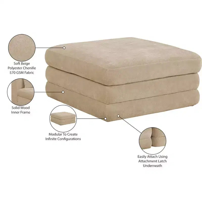 Meridian Furniture, Pouf Modulare Modulare Rivestito in Tessuto Chenille Stellar