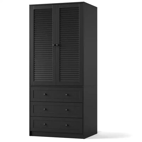 69.5 Inch Armoire Wardrobe Closet, Wooden Wardrobe Cabinet with 3 Drawers, Hanging Rod, 2 Doors, Clothing Storage Cabinet for Bedroom, Rattan Door