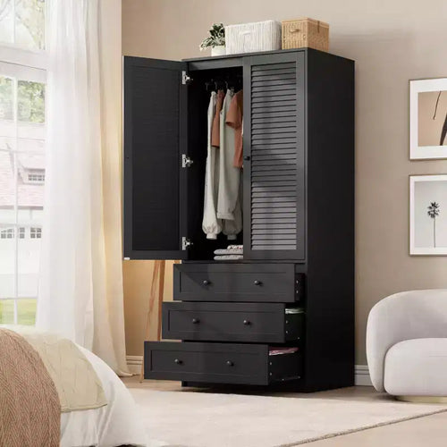 Armadio Guardaroba da 176,5 cm, Armadio in Legno con 3 Cassetti, Asta Appendiabiti, 2 Ante, Armadio Contenitore per Vestiti per Camera da Letto, Ante in Rattan