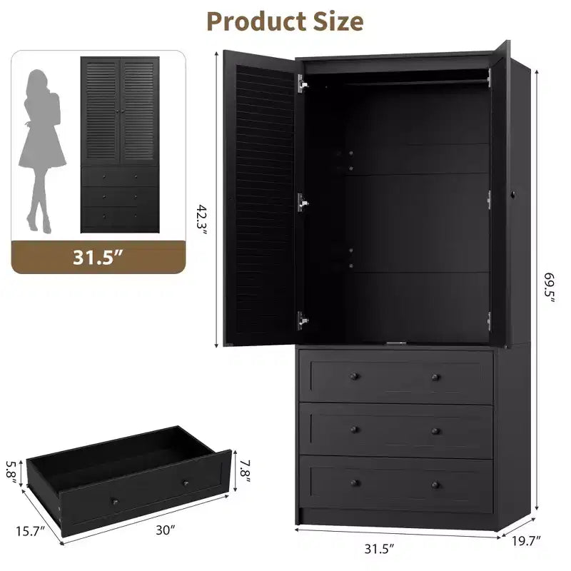Armadio Guardaroba da 176,5 cm, Armadio in Legno con 3 Cassetti, Asta Appendiabiti, 2 Ante, Armadio Contenitore per Vestiti per Camera da Letto, Ante in Rattan