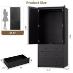 Armadio Guardaroba da 176,5 cm, Armadio in Legno con 3 Cassetti, Asta Appendiabiti, 2 Ante, Armadio Contenitore per Vestiti per Camera da Letto, Ante in Rattan