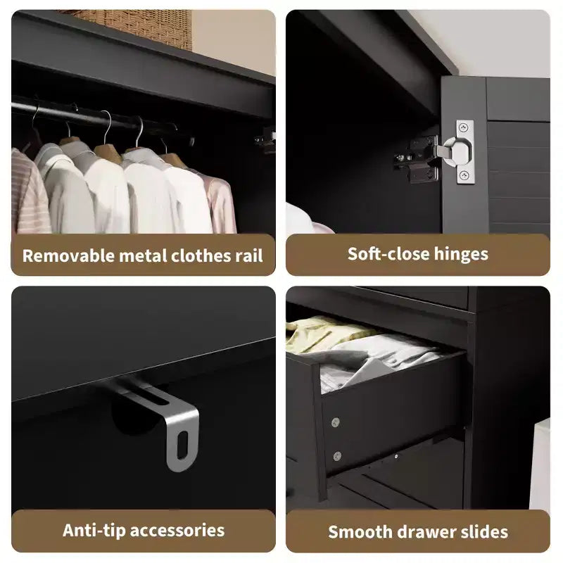 Armadio Guardaroba da 176,5 cm, Armadio in Legno con 3 Cassetti, Asta Appendiabiti, 2 Ante, Armadio Contenitore per Vestiti per Camera da Letto, Ante in Rattan
