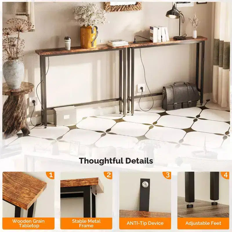 Consolle da ingresso ruggine marrone a 2 pezzi in melaminico + ferro con ciabatta elettrica