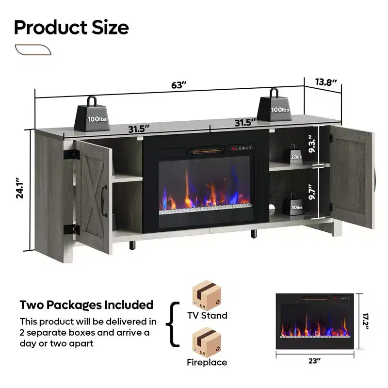 Mobile TV per caminetto Bestier 63, stile rustico, per TV fino a 70", centro di intrattenimento multimediale a LED con caminetto da 23" e mobile con anta scorrevole a granaio