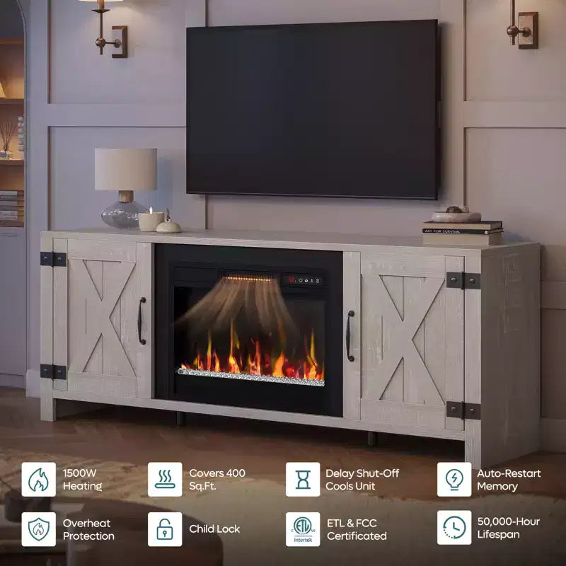 Mobile TV per caminetto Bestier 63, stile rustico, per TV fino a 70", centro di intrattenimento multimediale a LED con caminetto da 23" e mobile con anta scorrevole a granaio
