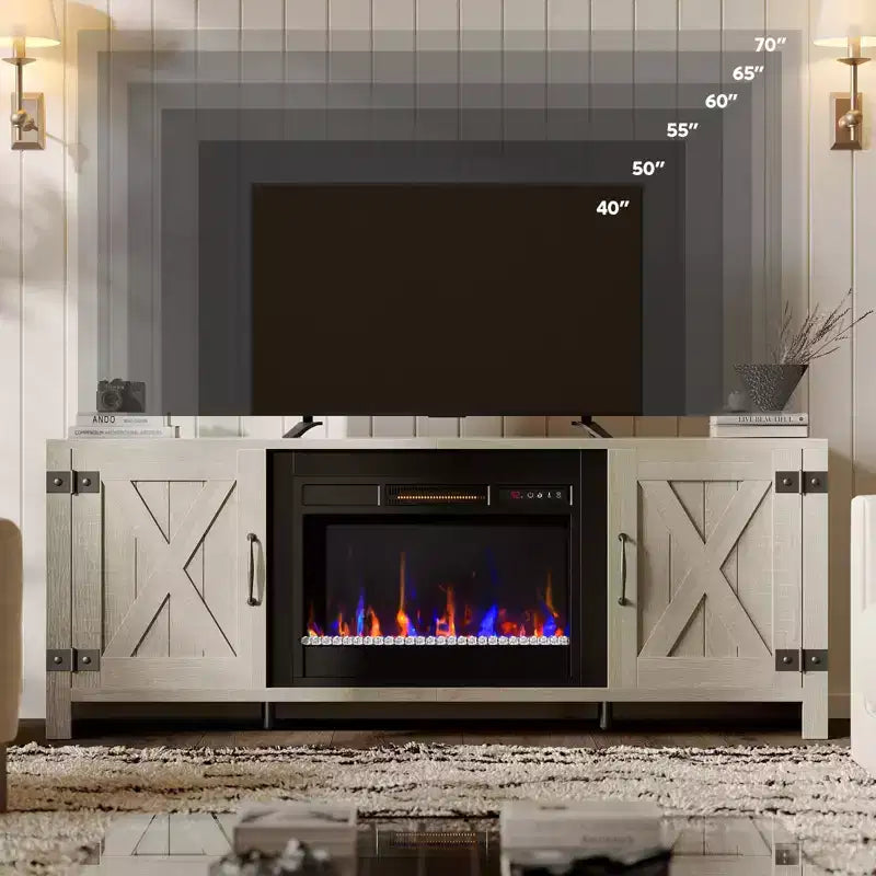 Mobile TV per caminetto Bestier 63, stile rustico, per TV fino a 70", centro di intrattenimento multimediale a LED con caminetto da 23" e mobile con anta scorrevole a granaio