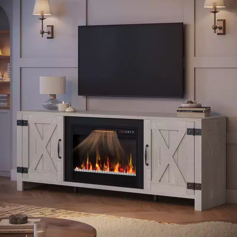 Mobile TV per caminetto Bestier 63, stile rustico, per TV fino a 70", centro di intrattenimento multimediale a LED con caminetto da 23" e mobile con anta scorrevole a granaio