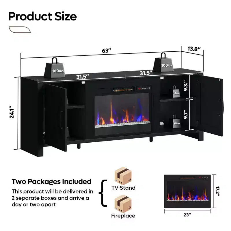 Mobile TV per caminetto Bestier 63, stile rustico, per TV fino a 70", centro di intrattenimento multimediale a LED con caminetto da 23" e mobile con anta scorrevole a granaio