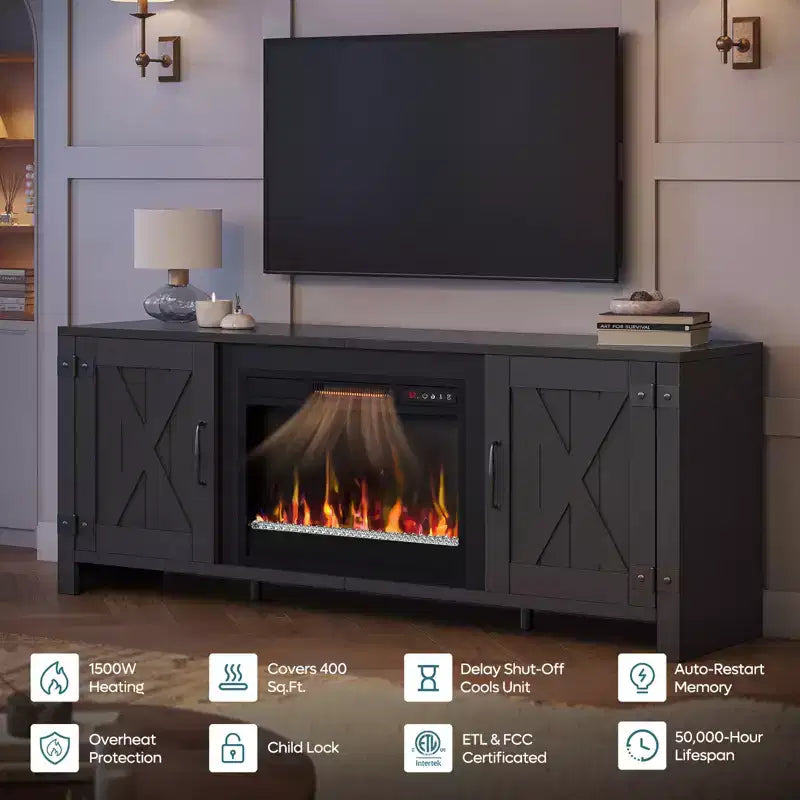 Mobile TV per caminetto Bestier 63, stile rustico, per TV fino a 70", centro di intrattenimento multimediale a LED con caminetto da 23" e mobile con anta scorrevole a granaio