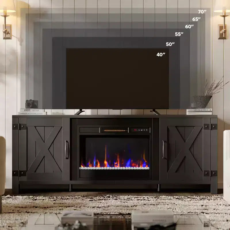 Mobile TV per caminetto Bestier 63, stile rustico, per TV fino a 70", centro di intrattenimento multimediale a LED con caminetto da 23" e mobile con anta scorrevole a granaio