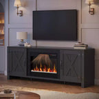 Mobile TV per caminetto Bestier 63, stile rustico, per TV fino a 70", centro di intrattenimento multimediale a LED con caminetto da 23" e mobile con anta scorrevole a granaio