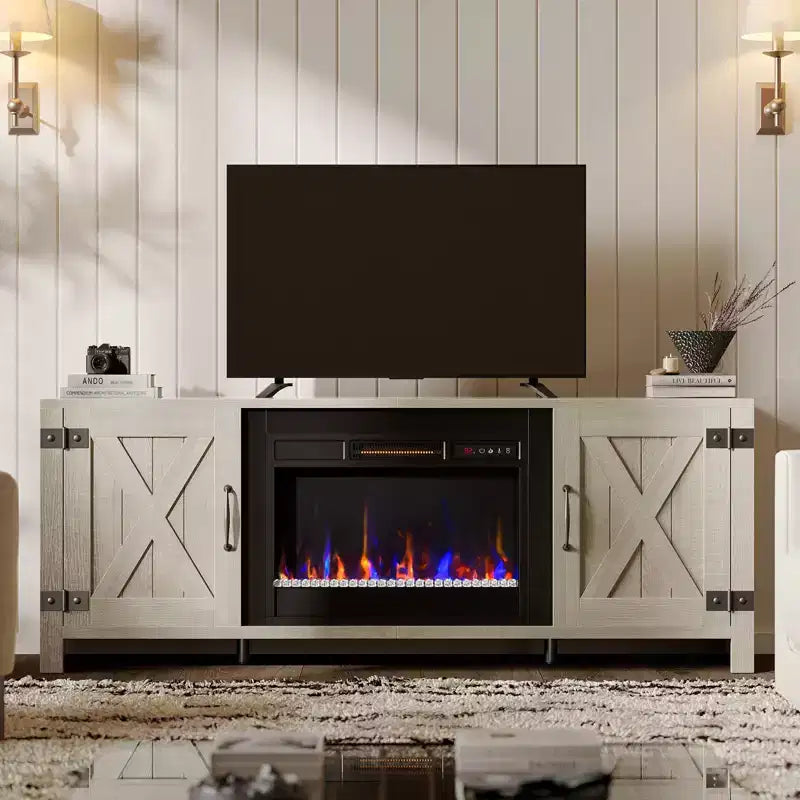 Mobile TV per caminetto Bestier 63, stile rustico, per TV fino a 70", centro di intrattenimento multimediale a LED con caminetto da 23" e mobile con anta scorrevole a granaio