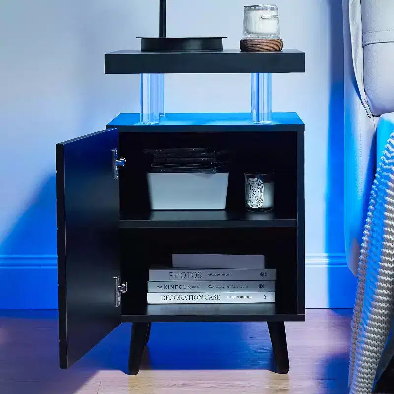 Comodino Moderno con Luci a LED, Tavolino da Notte con Cassetti, 4 Colonne in Acrilico, Tavolino Laterale Indipendente per Camera da Letto e Soggiorno, Nero