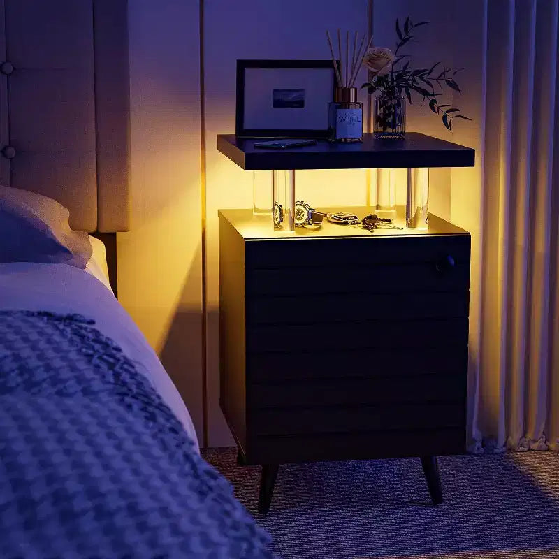 Comodino Moderno con Luci a LED, Tavolino da Notte con Cassetti, 4 Colonne in Acrilico, Tavolino Laterale Indipendente per Camera da Letto e Soggiorno, Nero