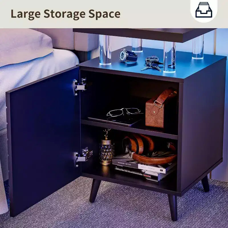 Comodino Moderno con Luci a LED, Tavolino da Notte con Cassetti, 4 Colonne in Acrilico, Tavolino Laterale Indipendente per Camera da Letto e Soggiorno, Nero