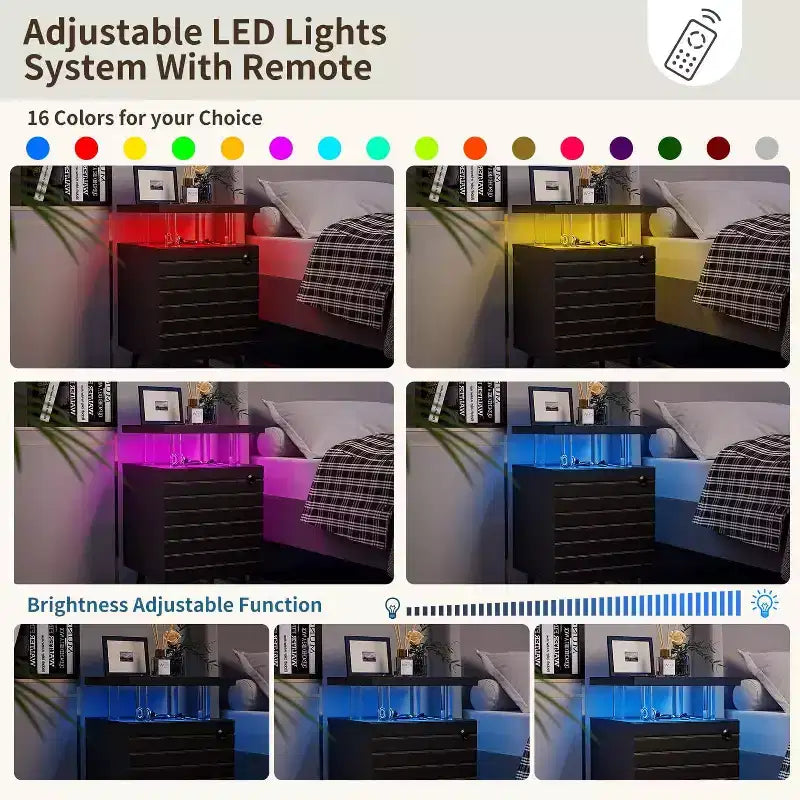 Comodino Moderno con Luci a LED, Tavolino da Notte con Cassetti, 4 Colonne in Acrilico, Tavolino Laterale Indipendente per Camera da Letto e Soggiorno, Nero