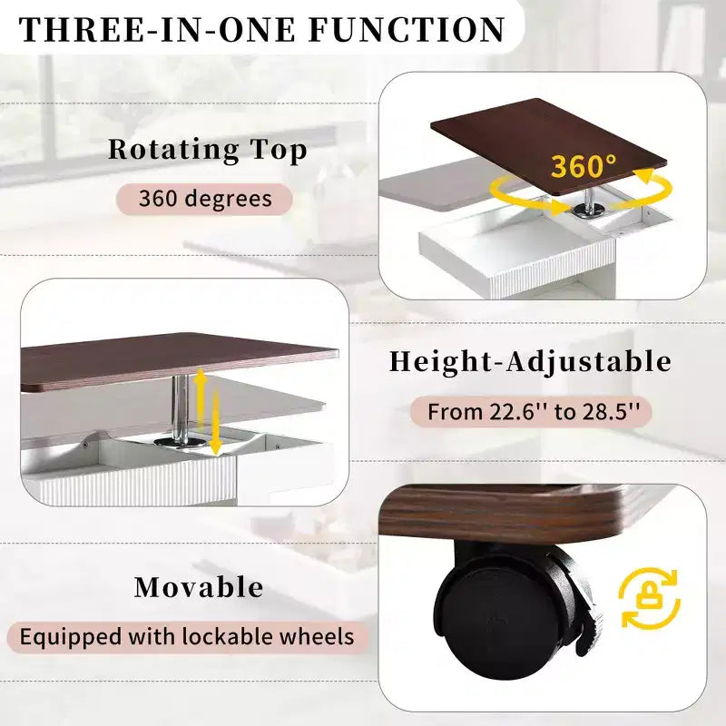 Tavolino Bestier con ruote, tavolino moderno con piano sollevabile e rotazione a 360°, tavolino da divano con spazio contenitivo per soggiorno, camera da letto